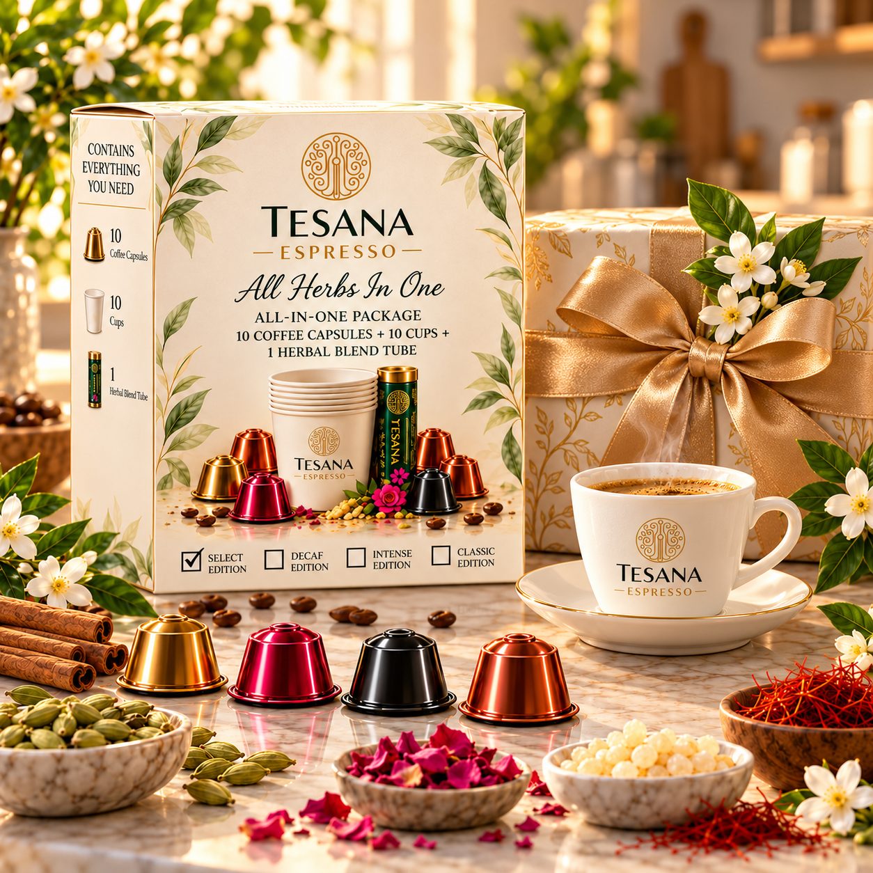 TESANA Espresso box next to a gift with a gold ribbon
