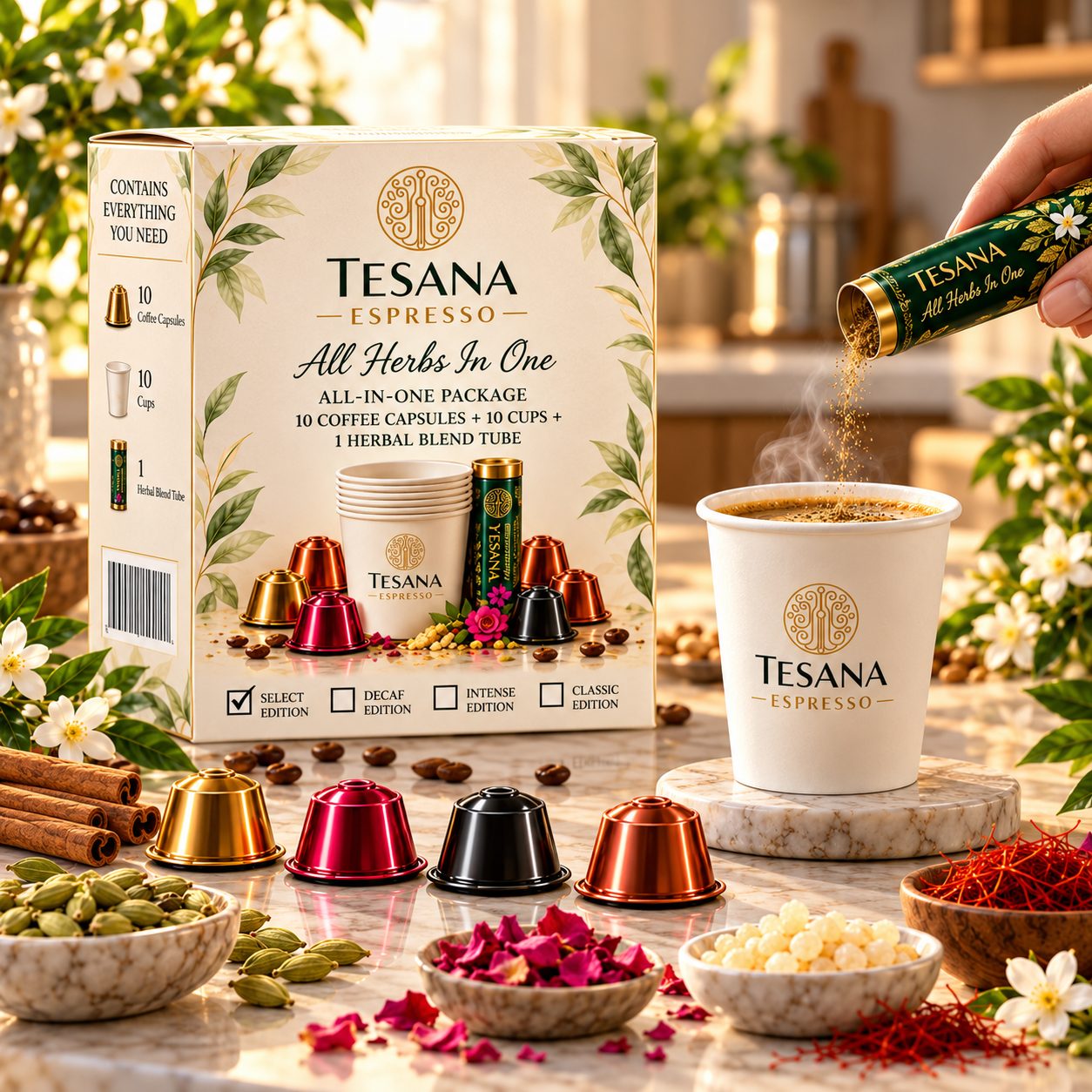 A pinch of TESANA botanical blend sprinkled into a paper cup of espresso