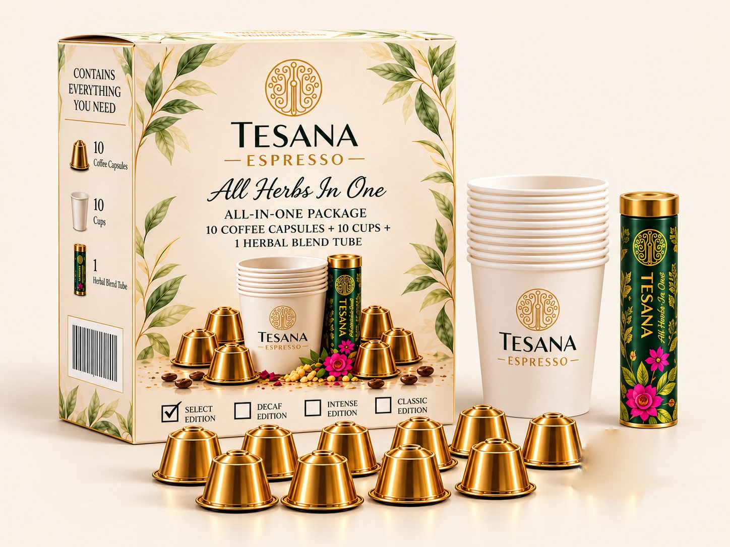 One TESANA Espresso box with 10 capsules, 10 paper cups and the botanical tube