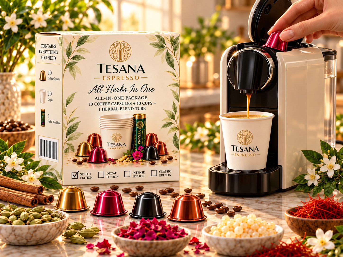 A capsule going into a coffee machine, espresso flowing into a TESANA paper cup